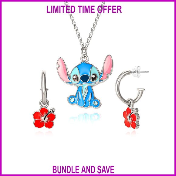 Jewelry - Lilo & Stitch Jewelry Set, Hoop Earrings & Adjustable Necklace, Gift